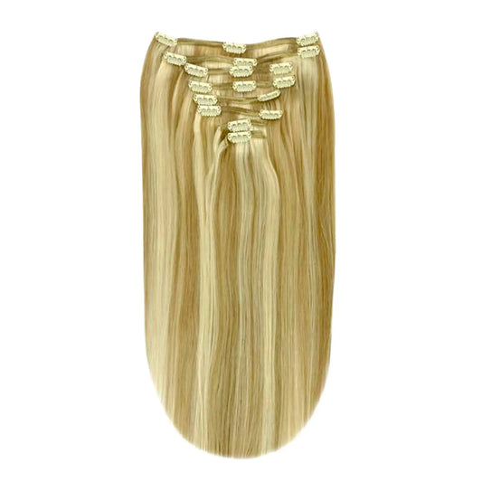 Full Head Remy Klip az emberi haj kiterjesztések - Legkönnyebb Barna / Bleach Blonde Mix (#18/613)