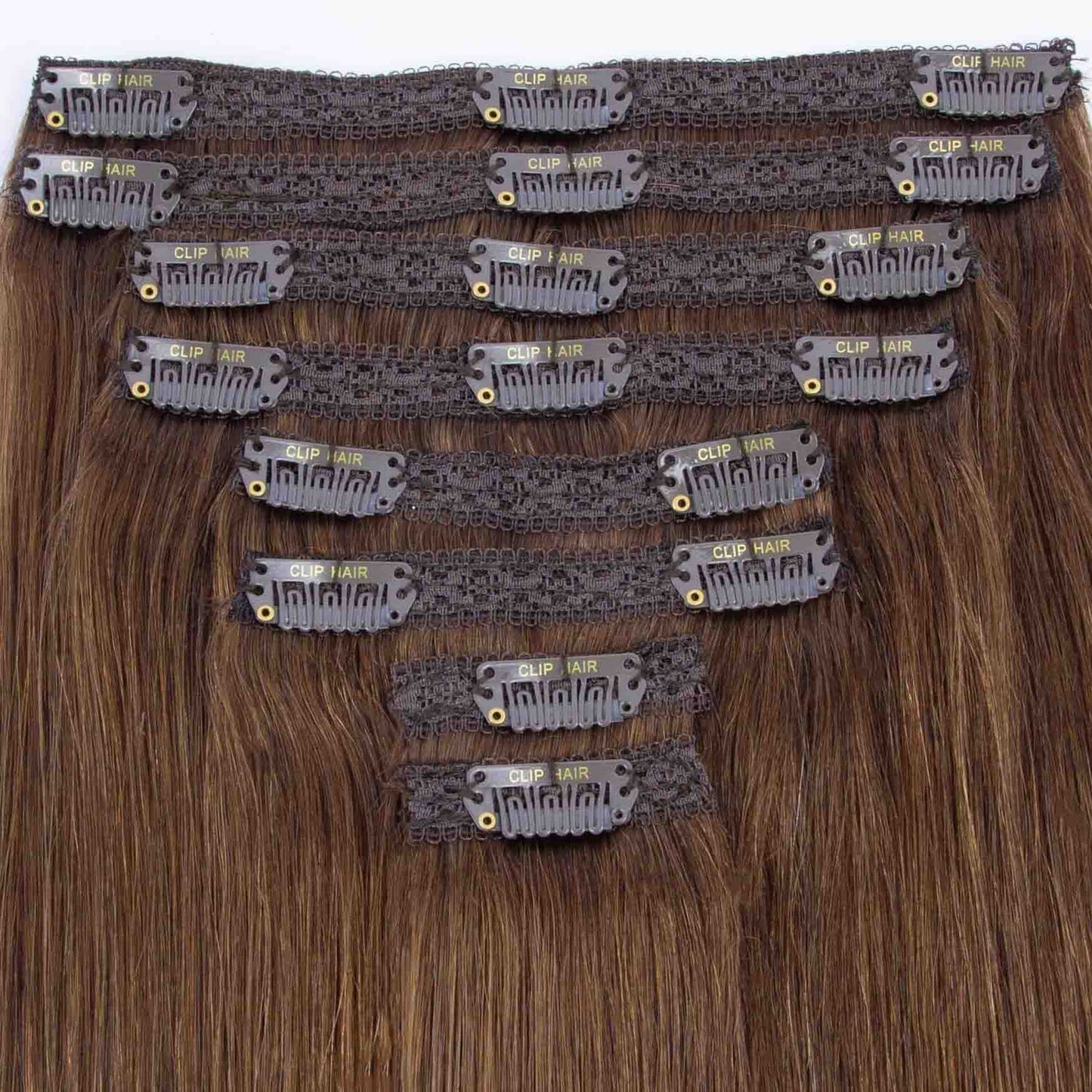 Light/Chestnut Brown (#6) Double Wefted Full Head Clip In Hair Extensions - Attachment method