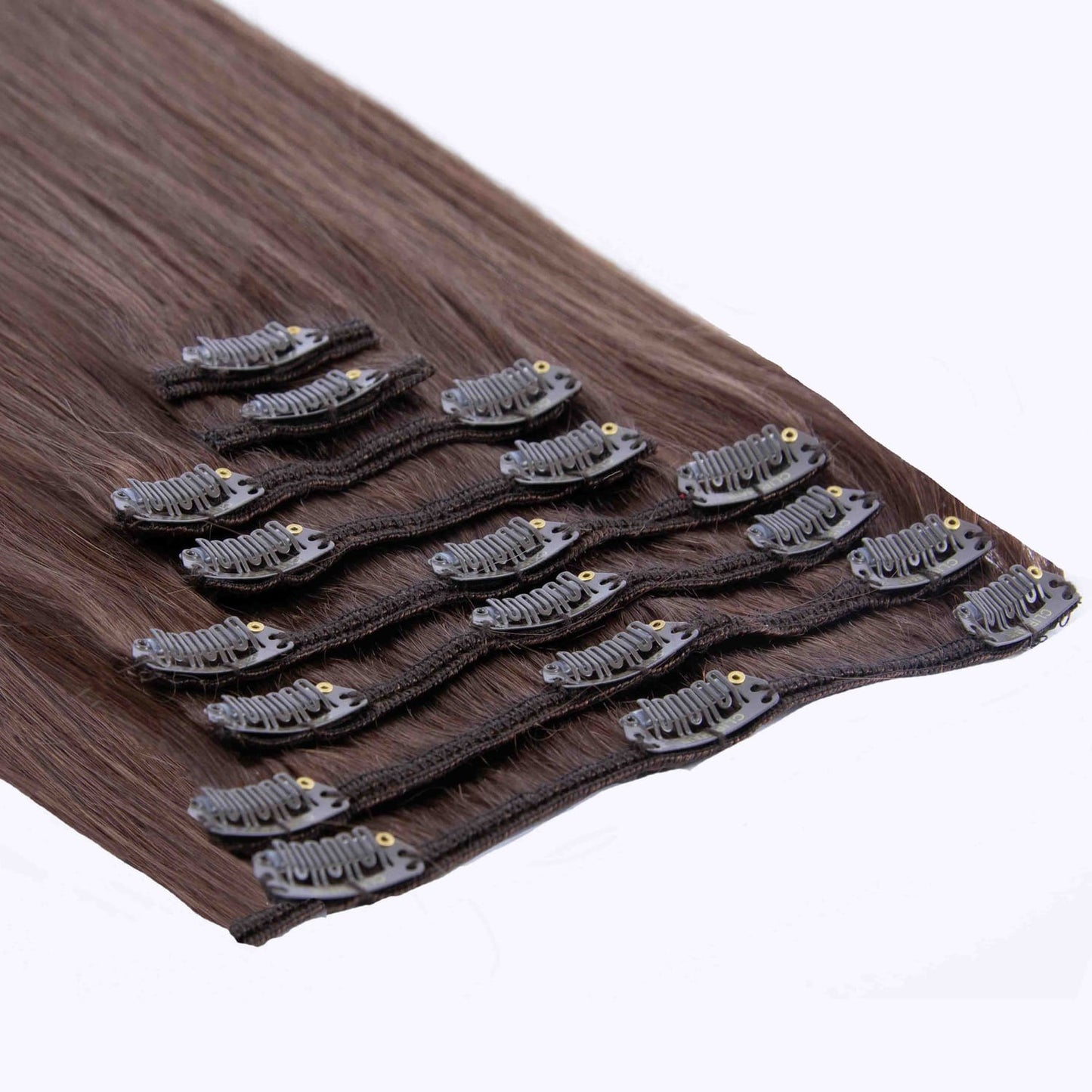 Light/Chestnut Brown (#6) Full Head Clip In Hair Extensions - Attachment method