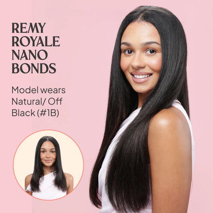 Off/Natural Black (#1B) Remy Royale Nano Bond Hair Extensions before and after
