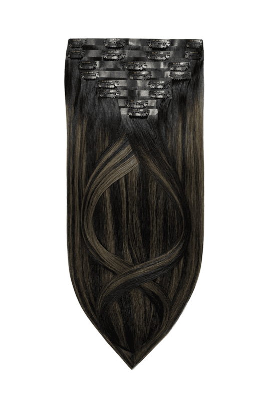 Ash Black Balayage Double Drawn Seamless Clip In Hair Extensions