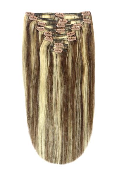 Full Head Remy Clip in Human Hair Extensions - Medium Brown/Blonde Mix (#4/24)